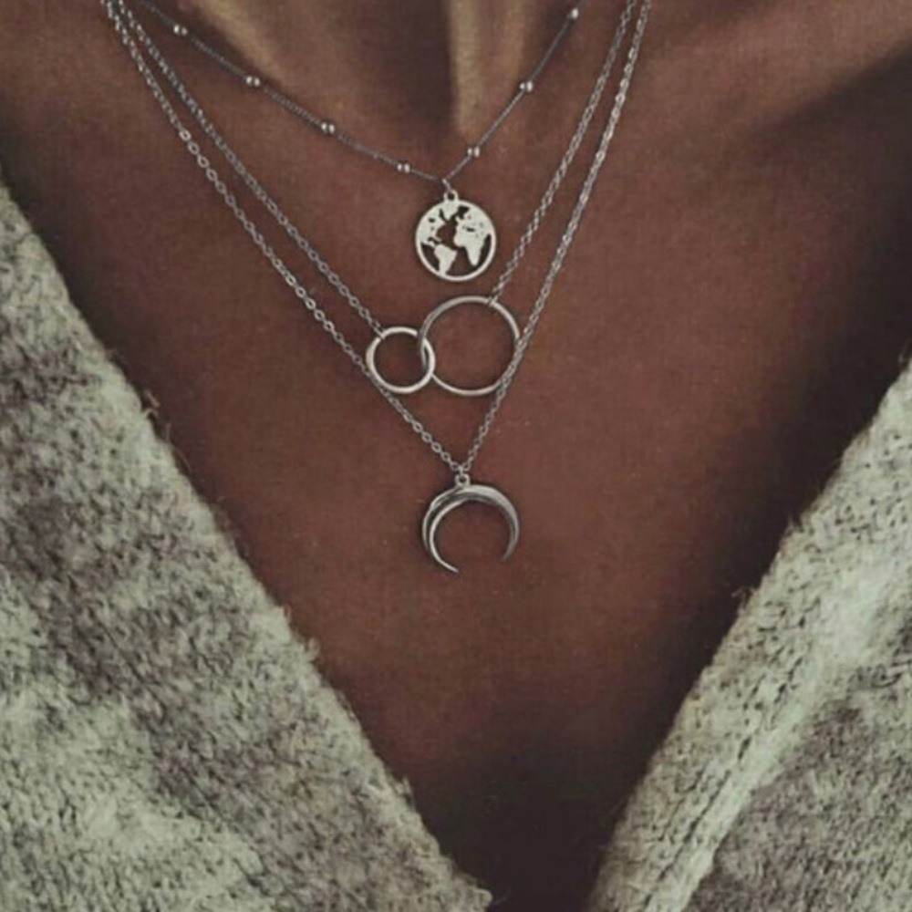 Silver Layered Map Crecent Necklace